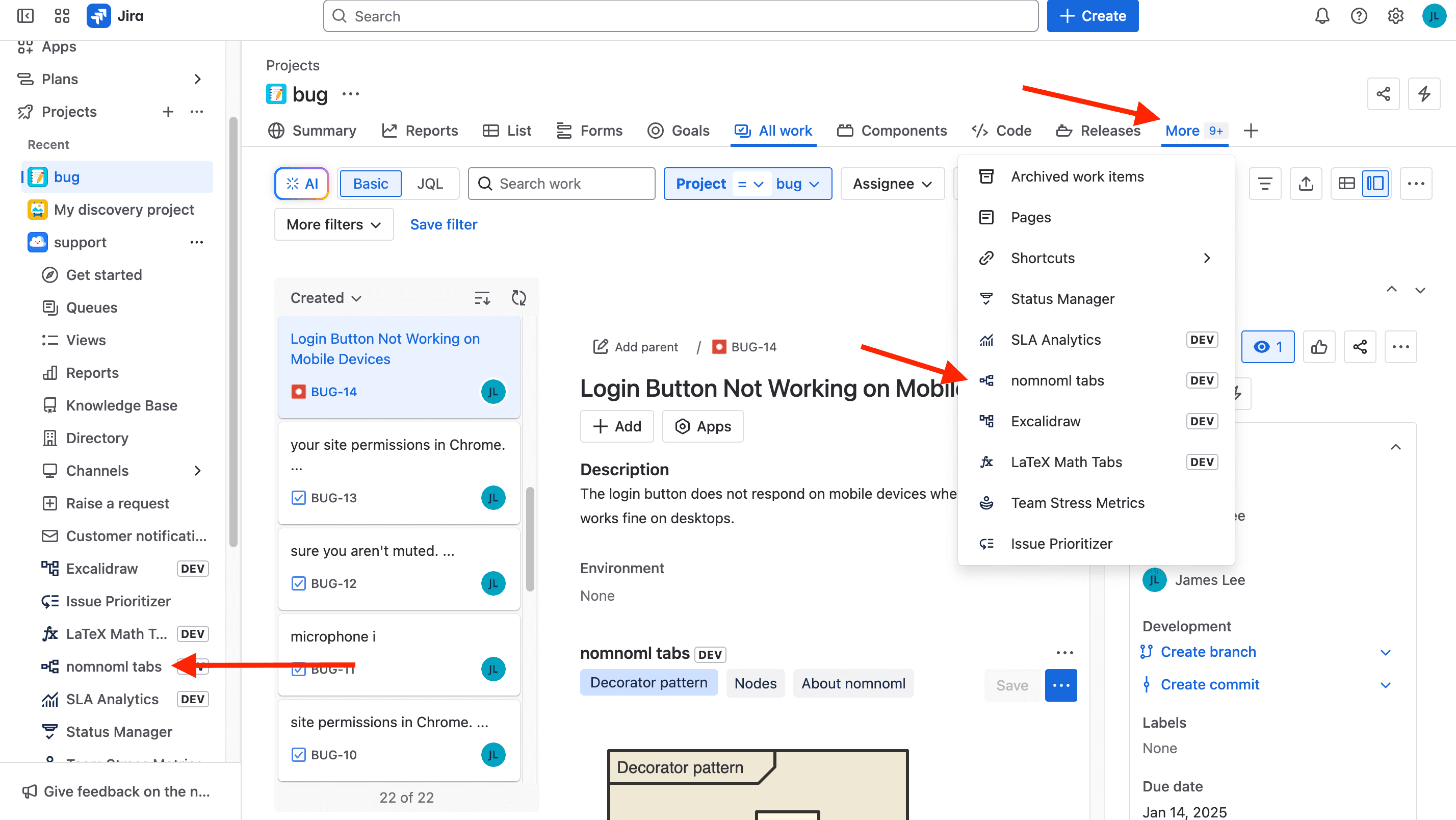 Tabs panel inside a Jira issue