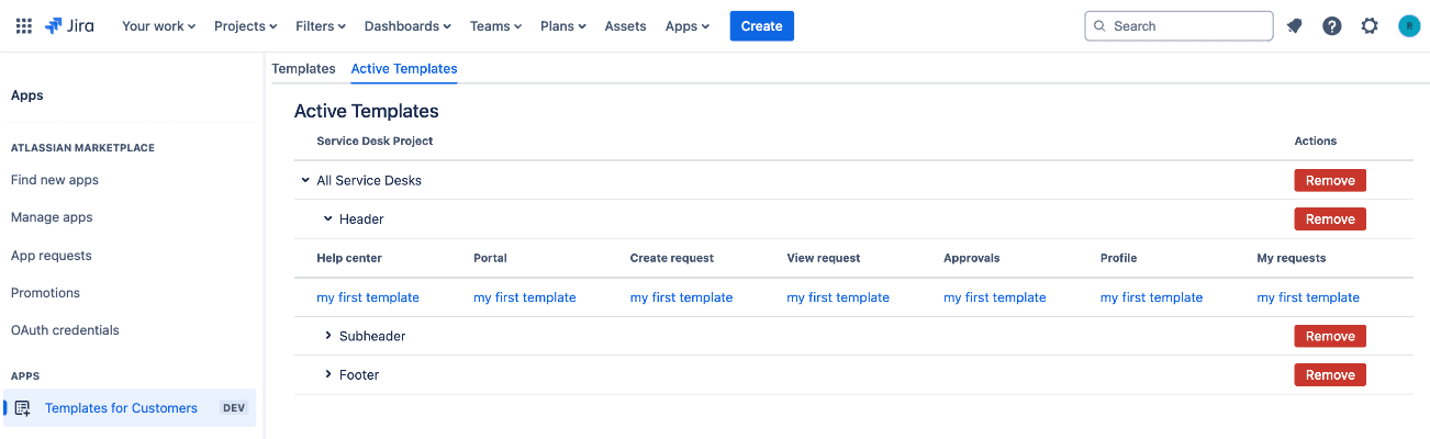 Active templates tab.