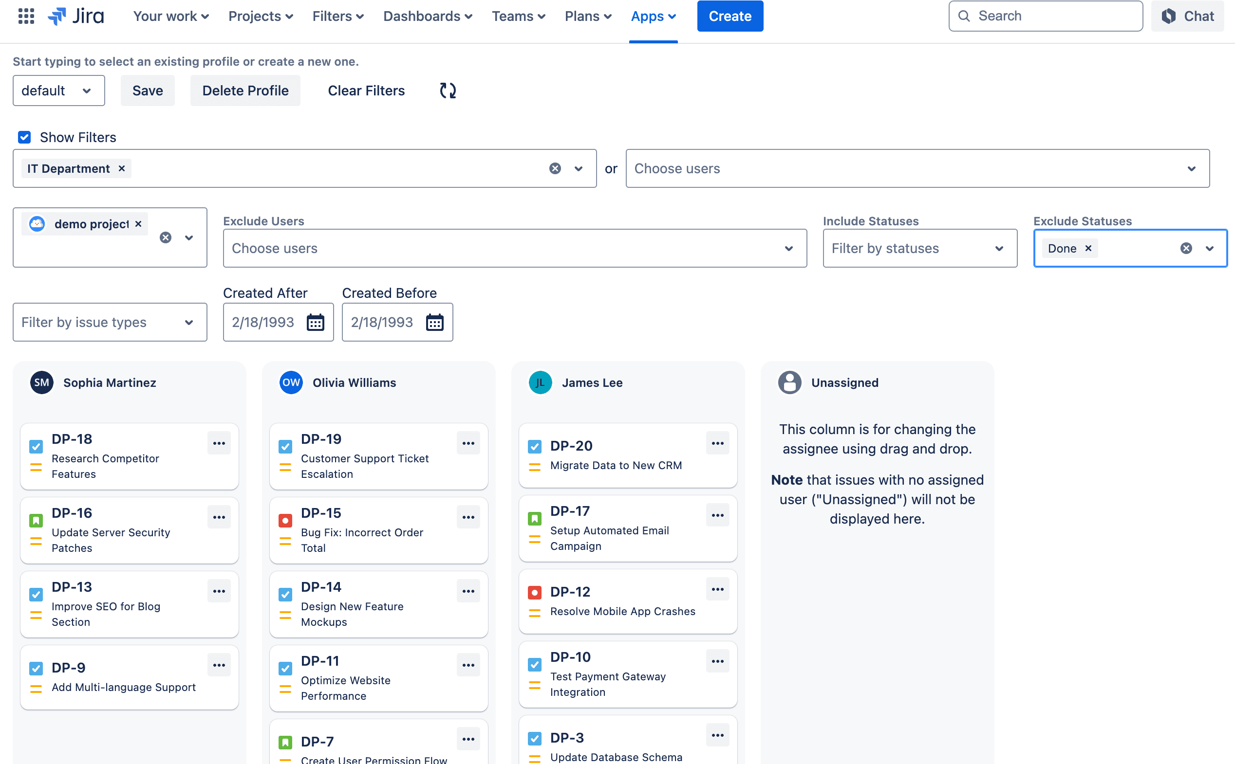 Filter issues by project, status, and more.