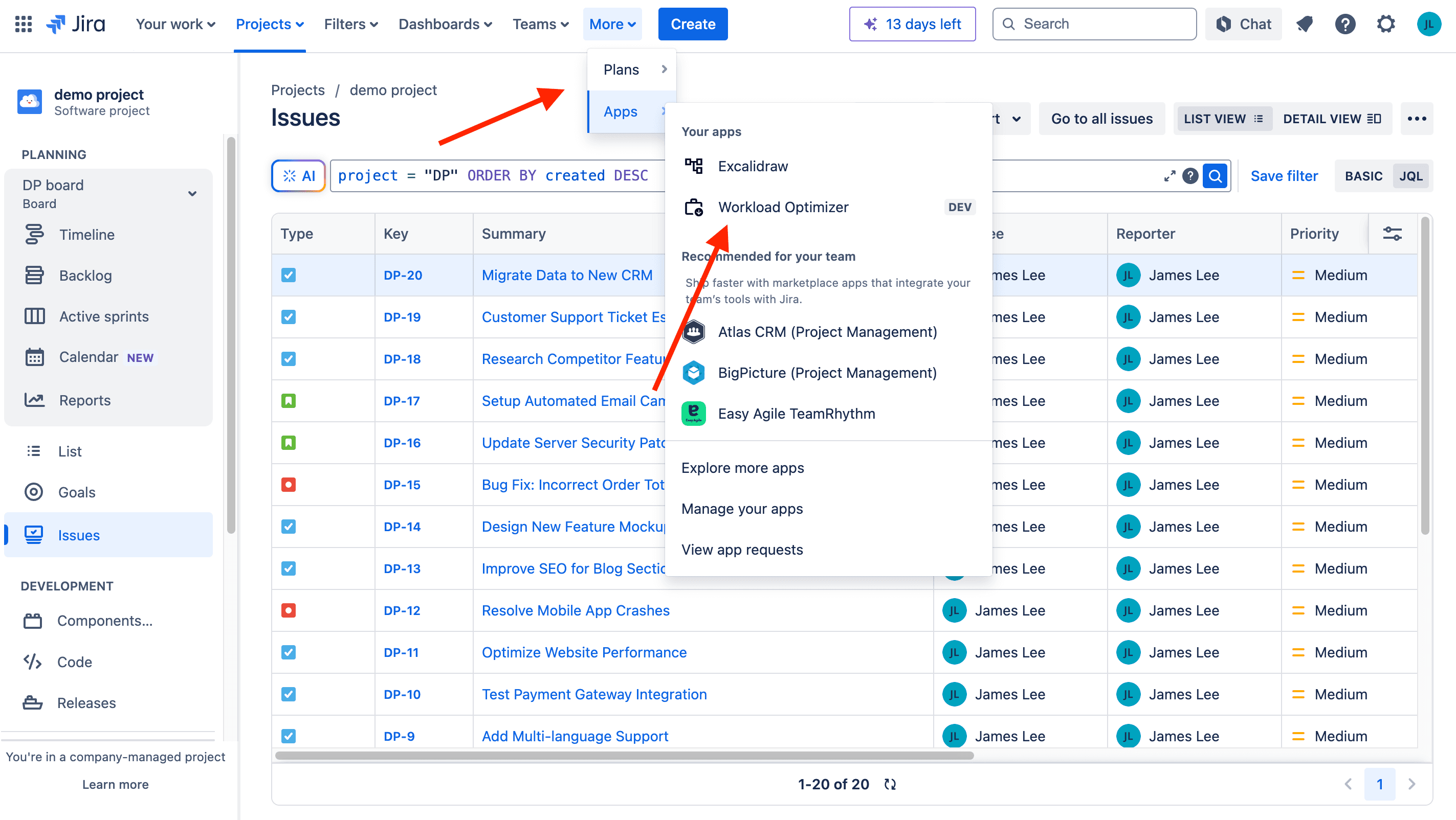 Workload and Capacity Manager for Jira open workload view.