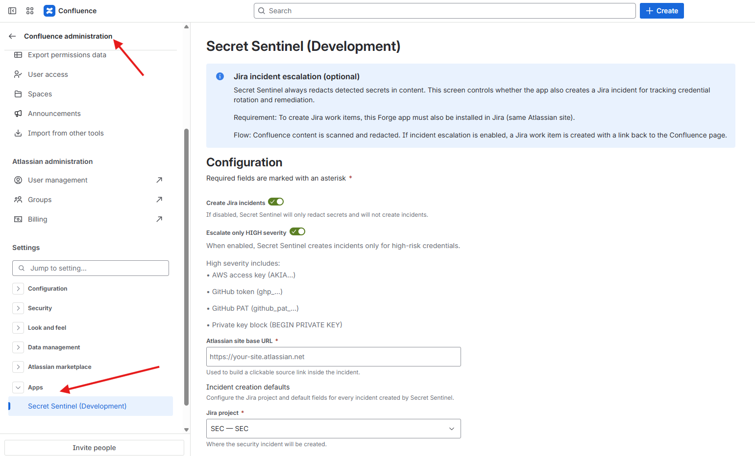 Secret Sentinel global settings in Confluence.