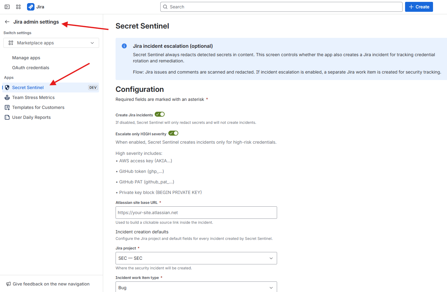 Secret Sentinel global settings in Jira.